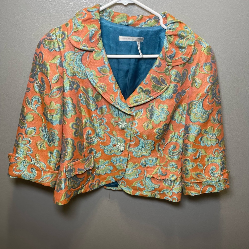 Classiques Entier Tapestry Fiesta Blazer Coral Teal Floral Size Medium Petite